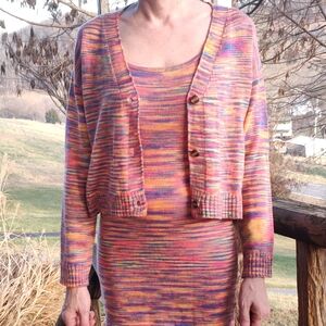 Colorful Space Dye Knit Tank Top Dress and Cardigan Set